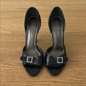 Paolo Scalloped Black Croc Heels with Rhinestone Buckle